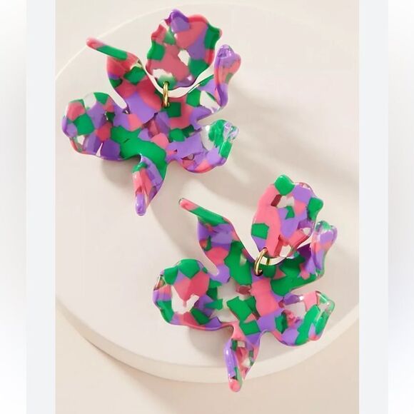 NWOT New Lele Sadoughi Lily Pink/Purple/Green Flower Post Earrings - Picture 1 of 7